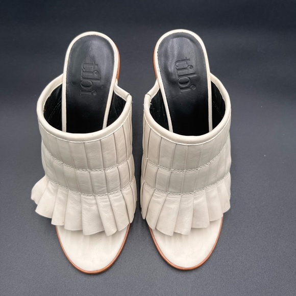 Tibi Cream White Fringe Leather Wooden Wedge Mule - Picture 2 of 8